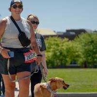 A participant crossing the street with her dog.